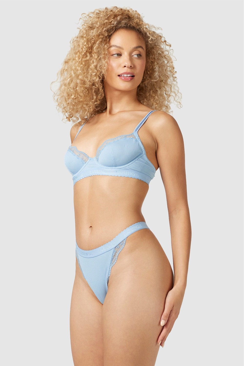 Lounge Underwear Nervuré Balcony Bra & Lanières/Briefs Set Bleu | QVJPWS-350