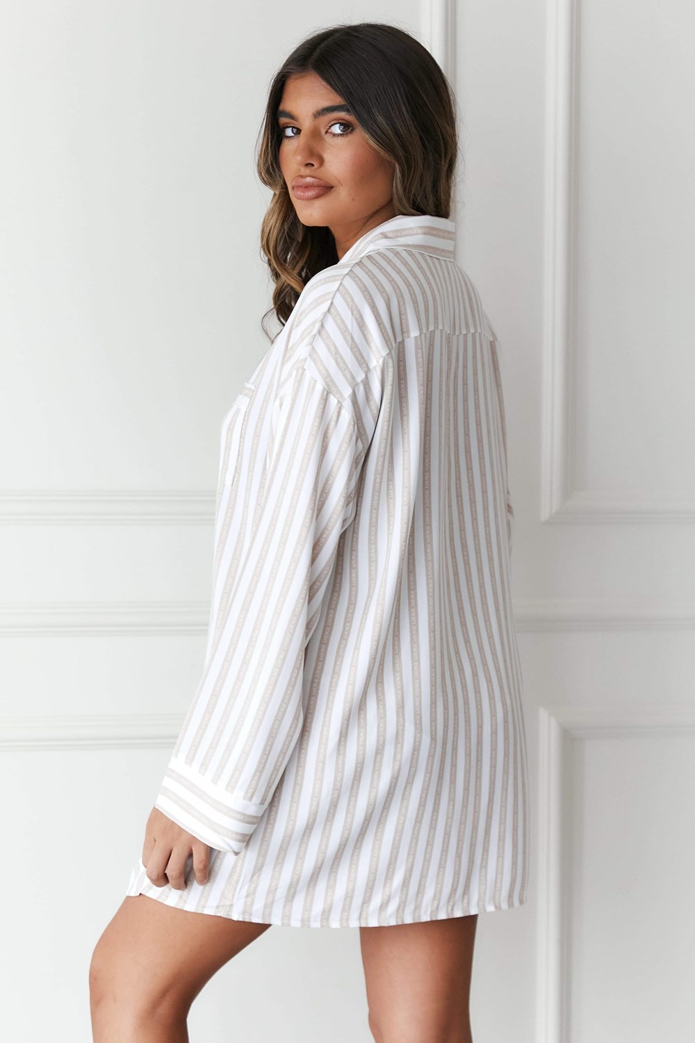 Lounge Underwear Pinstripe Oversized Pyjama Shirt & Briefs Set Mink | TCOLDI-709